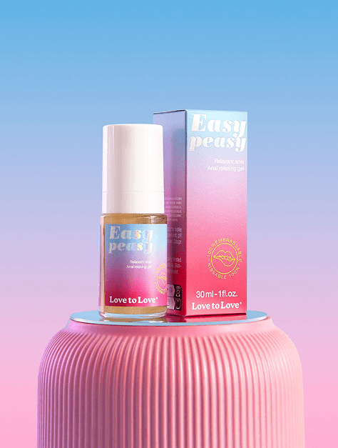 Love to Love Cosmetics Easy Peasy Anal Relaxing Gel bottle and box with a blue gradient background