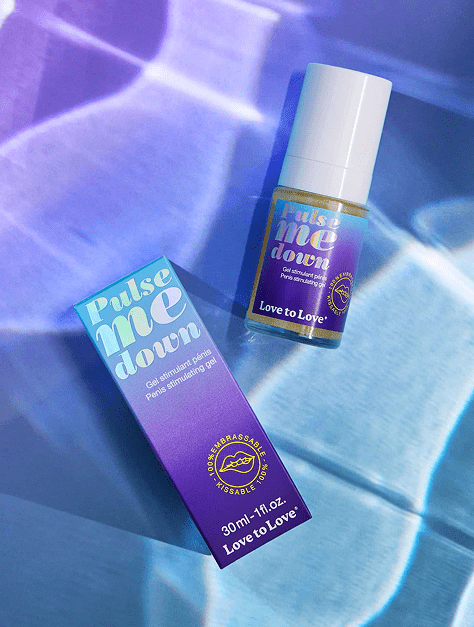 Love to Love Cosmetics Pulse Me Down  Penis Stimulating Gel bottle and box on a blue surface with shimmery lighting