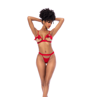 Woman wearing a premium red lingerie set on a white background