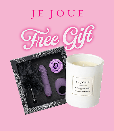 Amazing Intimate Essentials Valentine's 2026 Promo: Je Joue free gift set with a candle and packaging on a pink background