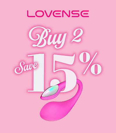 Amazing Intimate Essentials Valentine's 2026 Promo: Buy 2 Lovense toys, get 15% off. Light pink text and a photo of a Lovense Lush 4 app-connected G-spot vibrator on a solid pink background