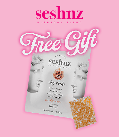 Amazing Intimate Essentials Valentine's 2026 Promo: Buy 3 select enhancements, get a free Seshnz functional mushroom product! Light pink text and a photo of a Seshnz Day Sesh functional mushroom gummy package on a solid pink background
