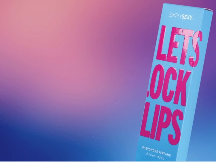 SImply Sexy Let's Lock Lips Pheromone Perfume product packaging on a blurred gradient background
