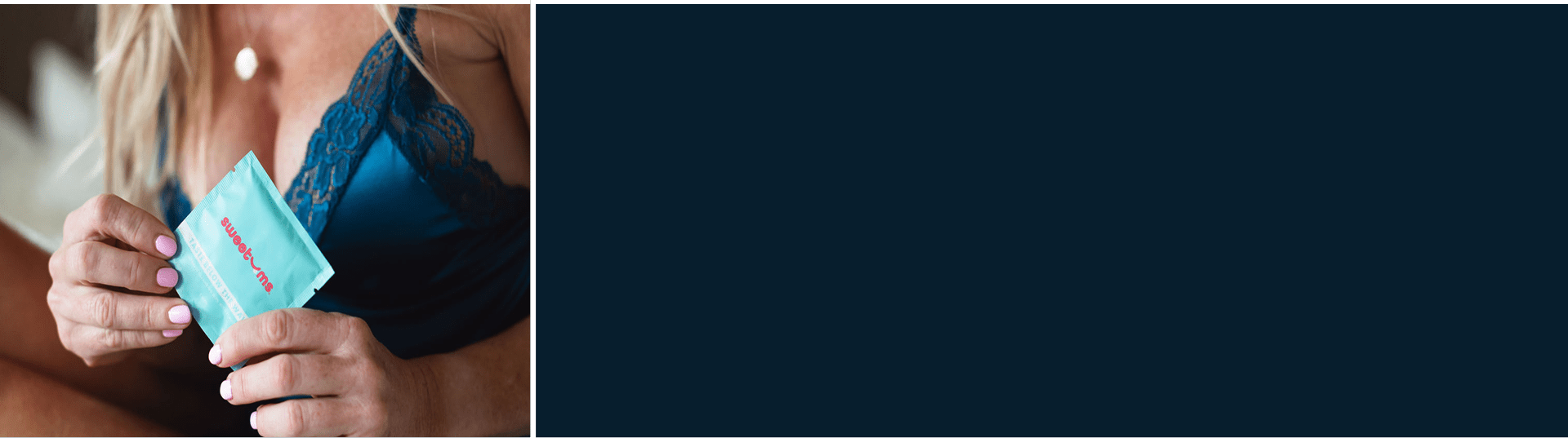 Person holding a Sweetums intimate wipe packet against a teal background