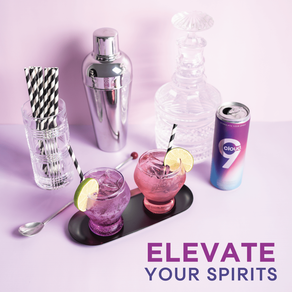 Cloud 9 Aphrodisiac Drink: purple aluminum can with martini shaker, crystal glass container, striped straws, and pink and purple cocktails in whiskey glasses set up in a studio environment with soft lighting and purple text that says "Elevate Your Spirits"