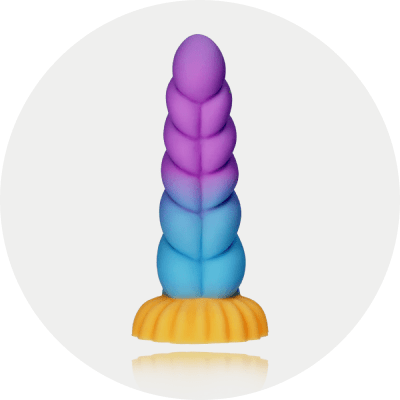 Colorful Creature Cocks dildo in a light gray circle background