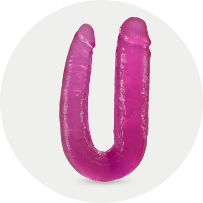 Pink double dildo in a light gray circle background