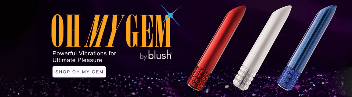 Photo of three Blush Oh My Gem bullet vibrators with the yellow Oh My Gem logo on a dark purple background. "Powerful vibrations for ultimate pleasure" white text