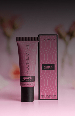 Alchemy Spark Female Arousal Gel product packaging on a pink background