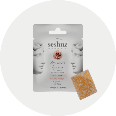 Seshnz Day Sesh product packaging in a light gray circle background
