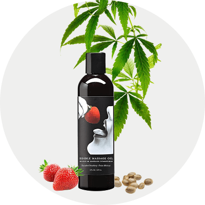Earthly Body hemp-infused edible massage oil bottle on a light gray background
