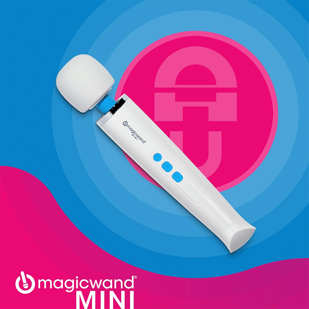 Hitachi Magic Wand Mini on a pink and blue background with the product photo and logo