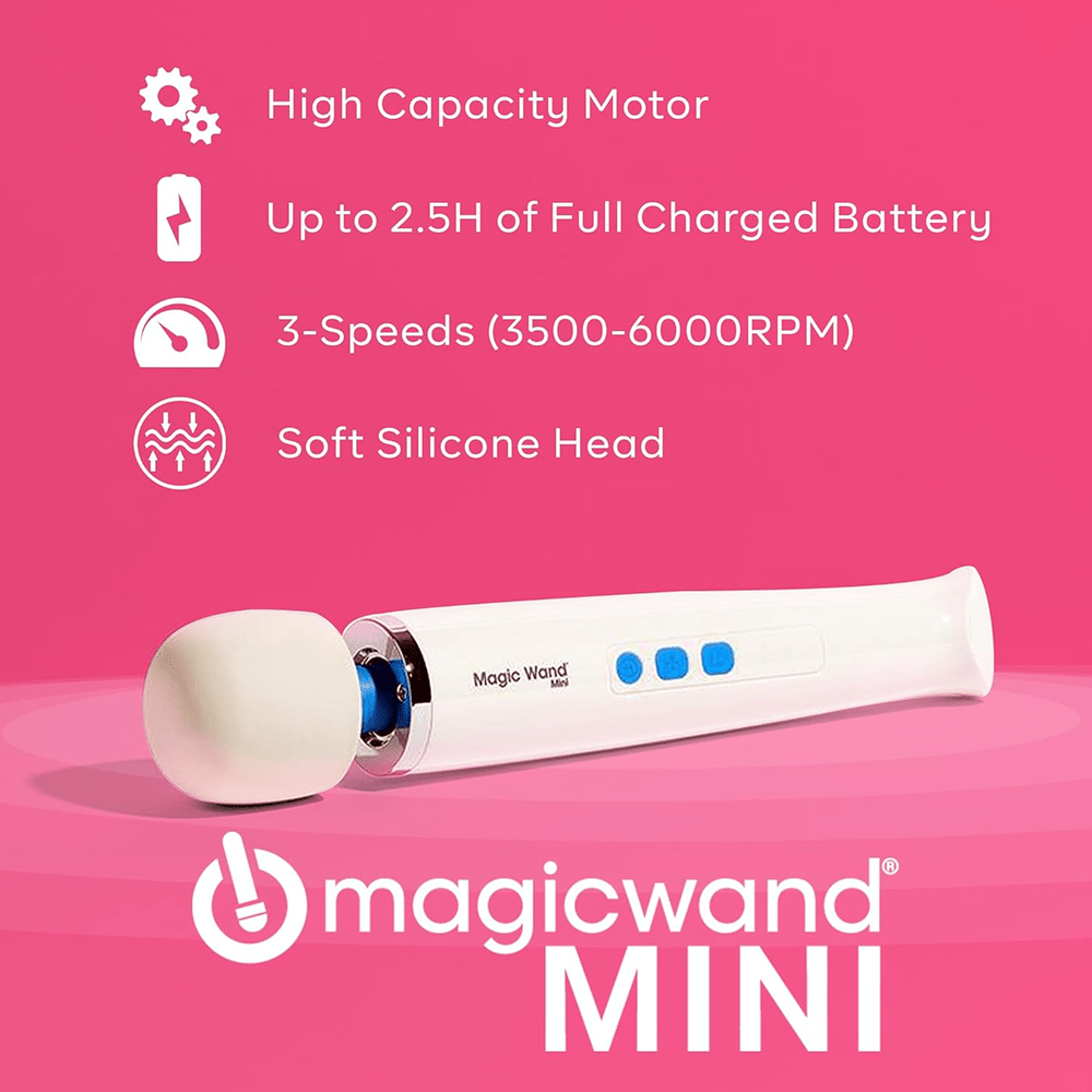 Hitachi Magic Wand Mini key features: white text on a pink background with a photo of the product and logo. High capacity motor; Up to 2.5 hours of full charged battery; 3 speeds (3500-6000 RPM); Soft silicone head
