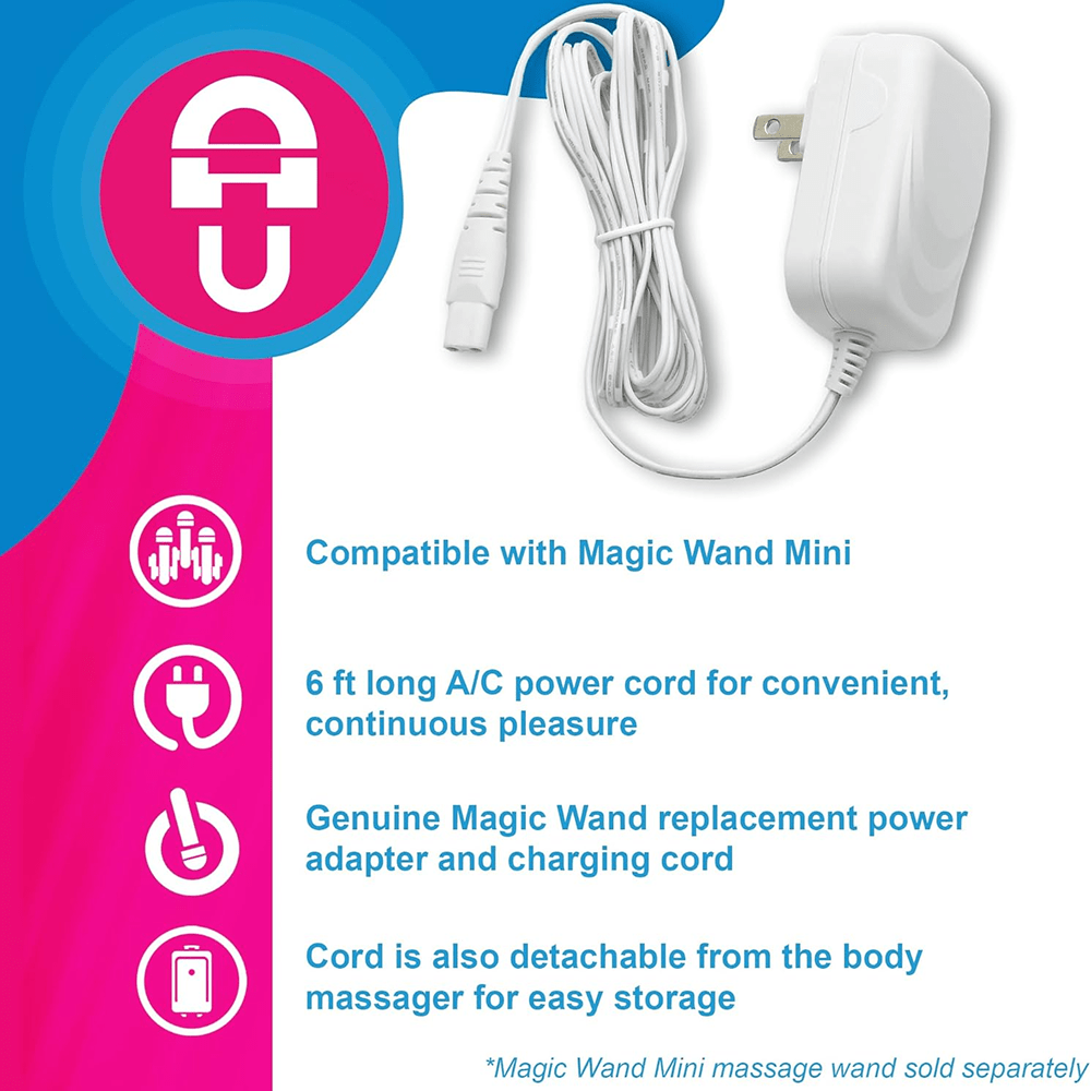 Hitachi Magic Wand Mini power options: icons and a photo of the A/C power adapter with blue text on a white background that says "Compatible with Magic Wand Mini; 6ft long A/C power cord for convenient, continuous pleasure; Genuine Magic Wand replacement power adapter and charging cord; Cord is also detachable from the body massager for easy storage
