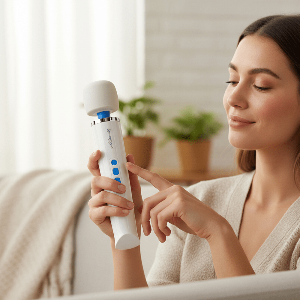 Woman holding Hitachi Magic Wand Mini while sitting in a living room next to a window with natural lighting