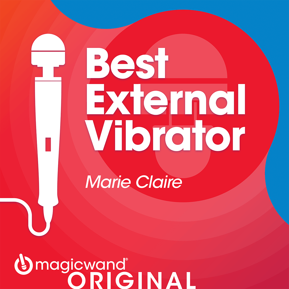 Hitachi Magic Wand Original HV-260 wand massager silhouette illustration on a blue and red background with white testimonial text that says "Best External Vibrator! -Marie Claire"