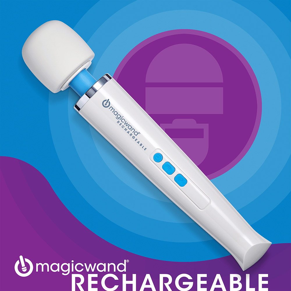 Hitachi Magic Wand Unplugged Rechargeable HV-270 - cover image of a photo of the product on a blue and purple background with the Magic Wand Rechargeable logo