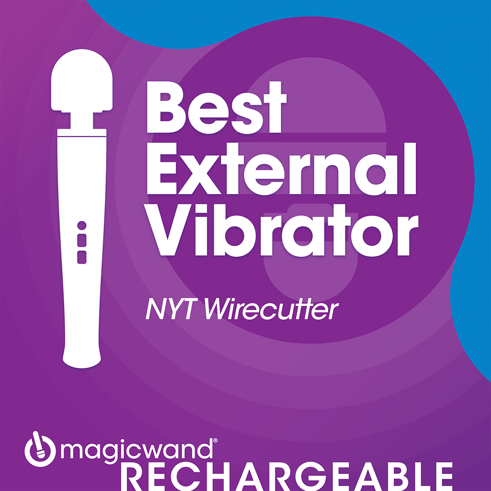 Hitachi Magic Wand Rechargeable Unplugged HV-270 testimonial - white silhouette illustration on a purple background with the Magic Wand Rechargeable logo and a white text testimonial that says "Best External Vibrator -NYT Wirecutter"