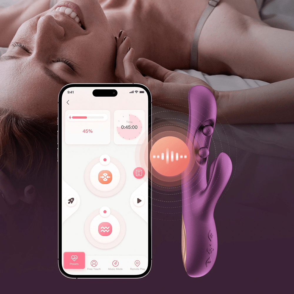 Honey Play Box Gem Twin App-Controlled Rabbit and G-Spot Vibrator - photo of the product next to a smartphone with a screen of the Honey Play Box app with a photo of a woman smiling in the background
