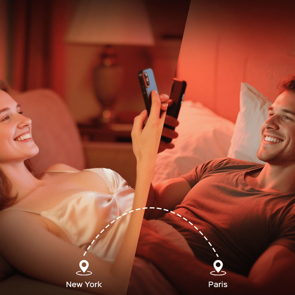 Split-screen photo of a heterosexual couple holding smartphones in their bedrooms with icons in the foreground for different locations showing the ability for the Honey Play Box app to keep couples connected from any location