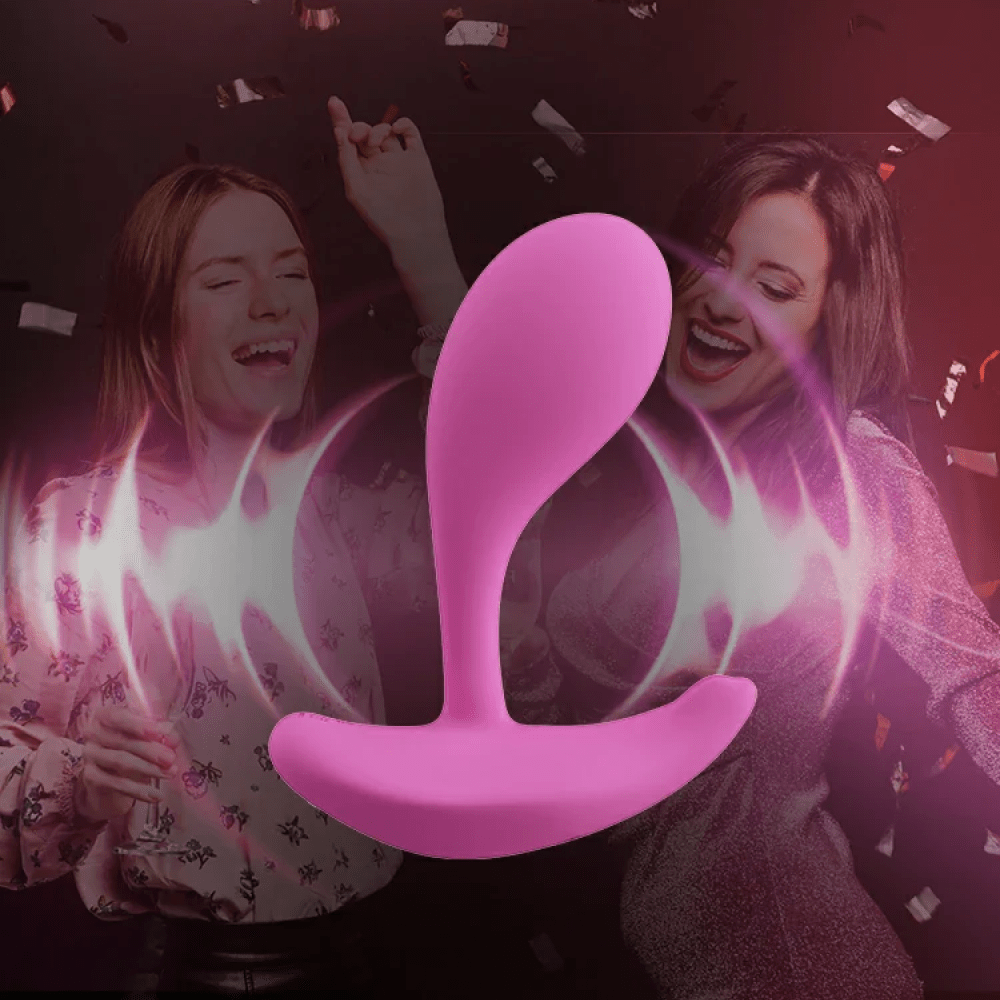 Honey Play Box Oly 2 App-Controlled G-Spot Vibrator with a background photo of two women dancing in a club/party environment