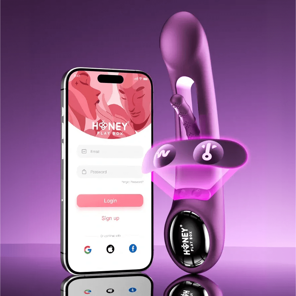 Honey Play Box Tempo App-Controlled Tapping Vibrator - product with enlarged "inset" of buttons next to a smartphone showing the Honey Play Box app on a purple reflective background