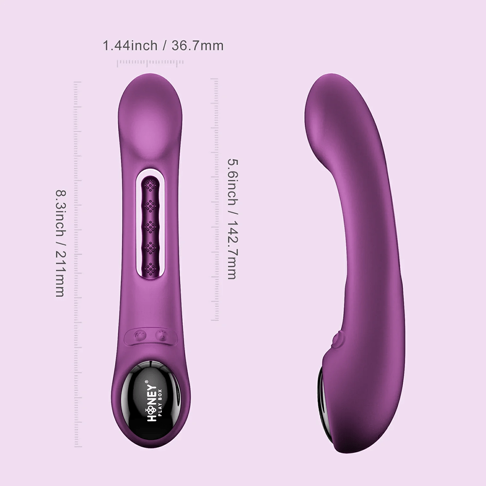 Honey Play Box Tempo App-Controlled Tapping Vibrator photo with dimensions on a gray background