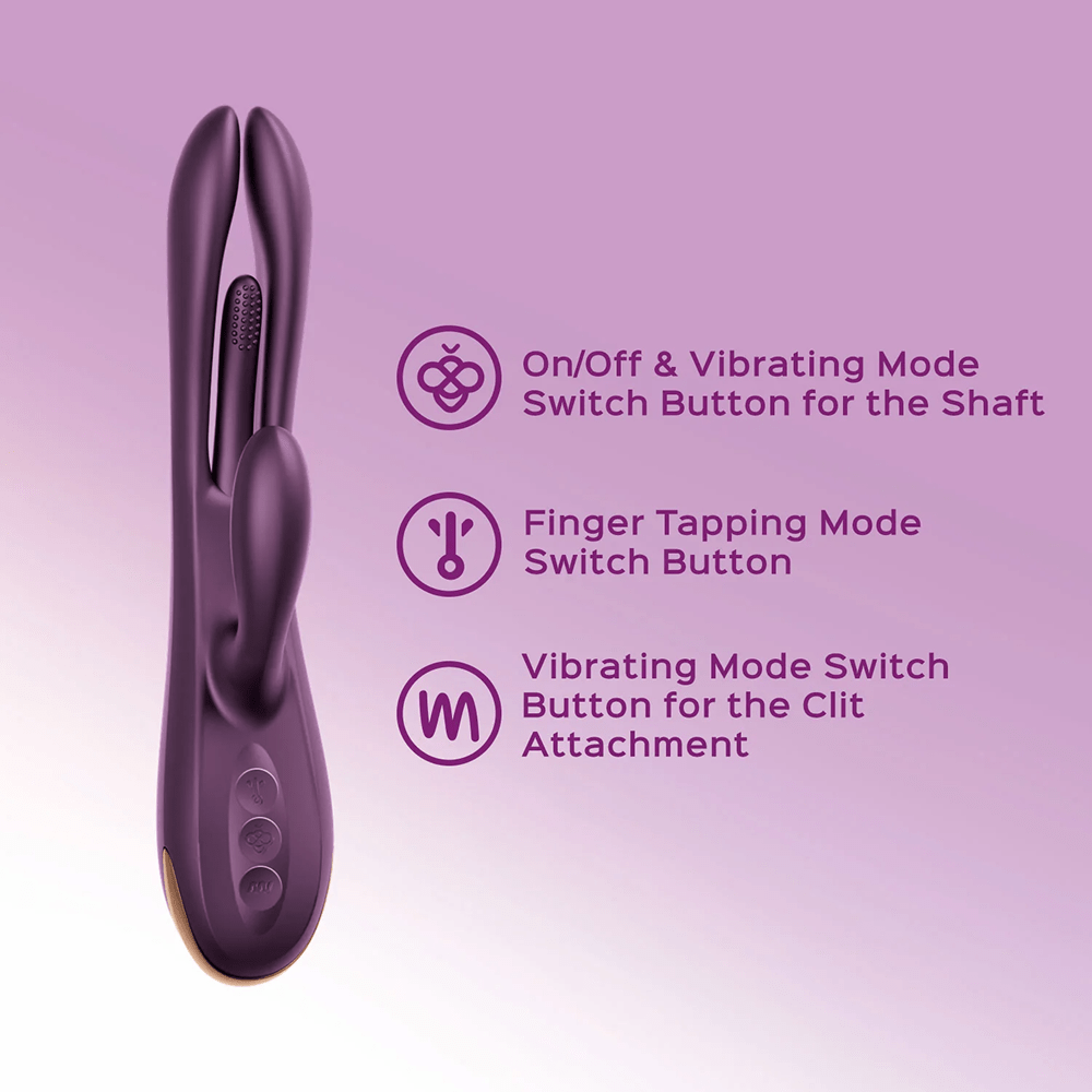 Honey Play Box Terri App-Controlled Tapping Rabbit Vibrator button controls with text and icons: On/off vibrating mode switch button for the shaft. Finger tapping mode switch button. Vibrating mode switch button for the clit attachment