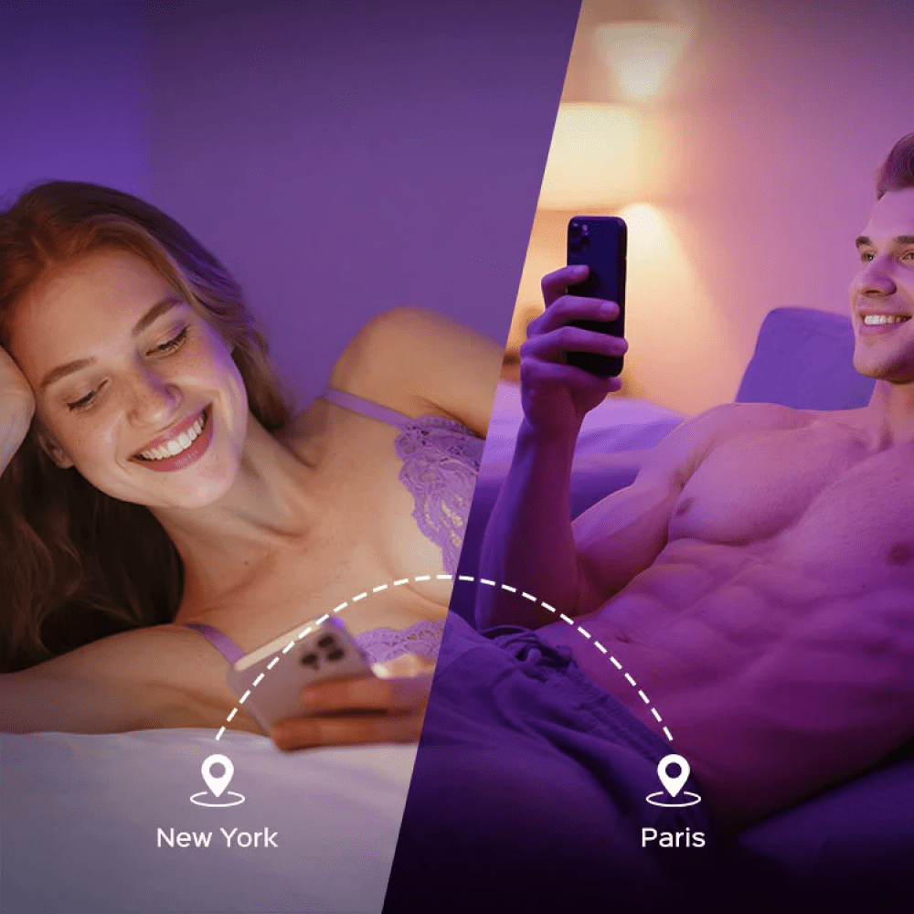Split-screen photo of a heterosexual couple holding smartphones in their bedrooms with icons in the foreground for different locations showing the ability for the Honey Play Box app to keep long-distance couples connected
