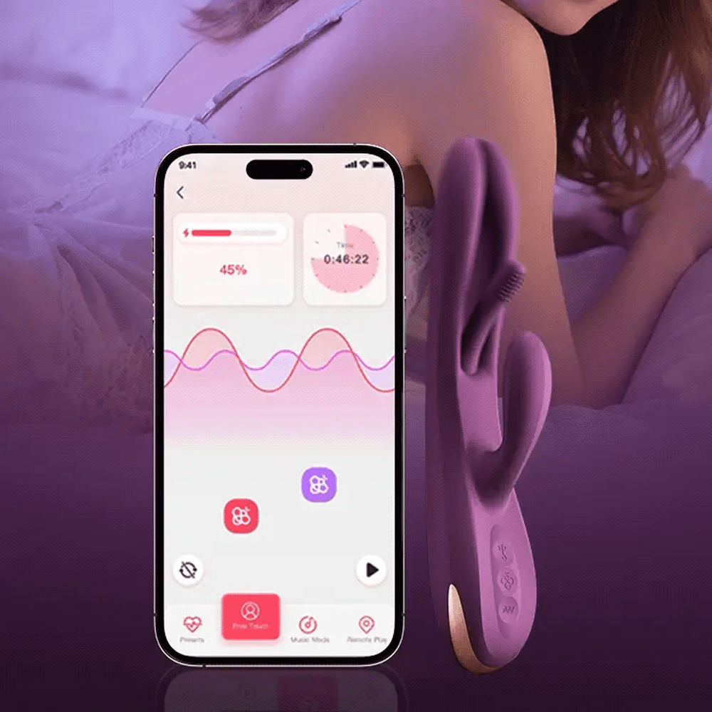 Honey Play Box Terri App-Controlled Tapping Rabbit Vibrator - photo of product next to a smartphone showing a Honey Play Box app screen with a cropped photo of a woman in the background