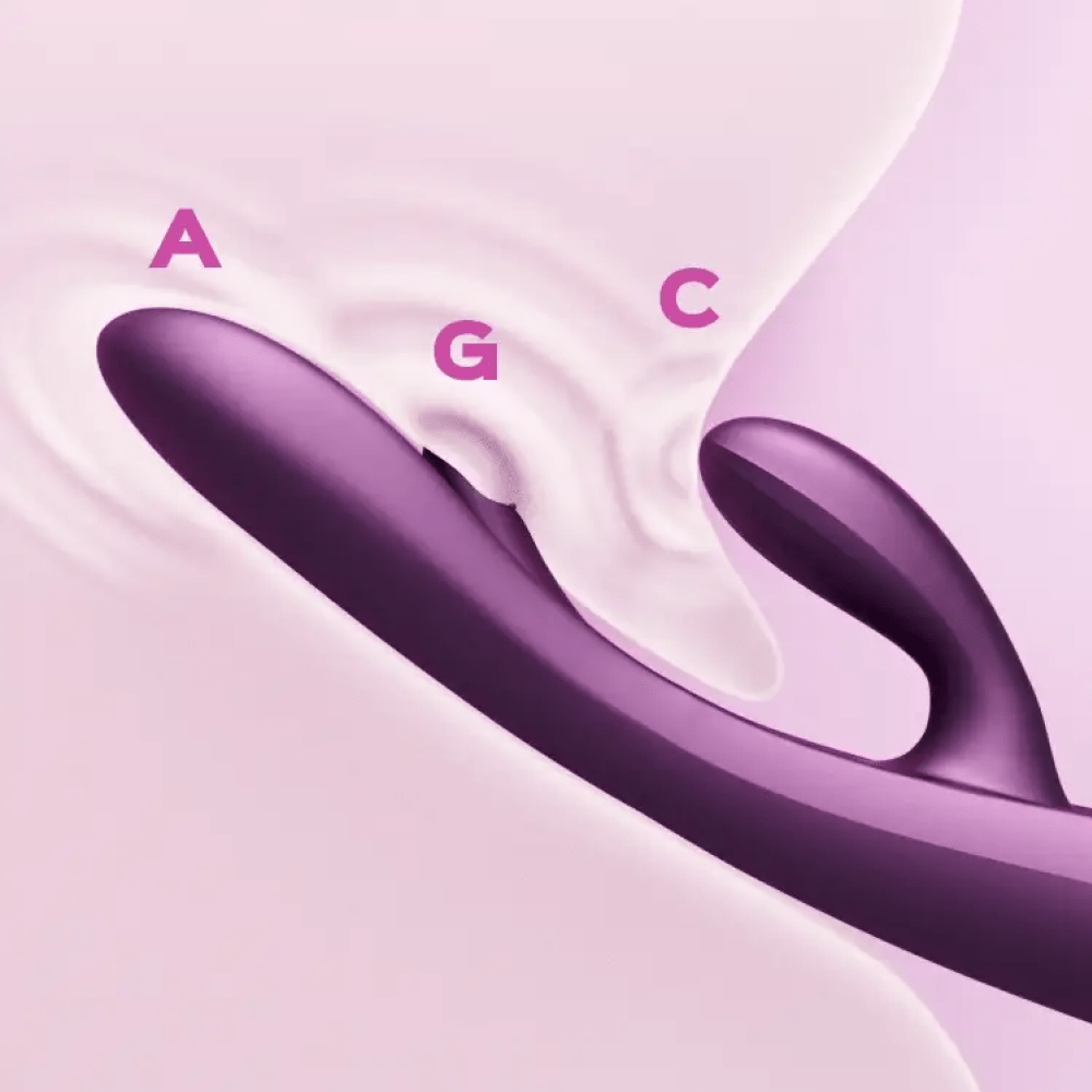 Honey Play Box Terri App-Controlled Tapping Rabbit Vibrator - animation of product in the cross-section of a flesh-like material with ripples to show vibration speed, intensity, and contact points