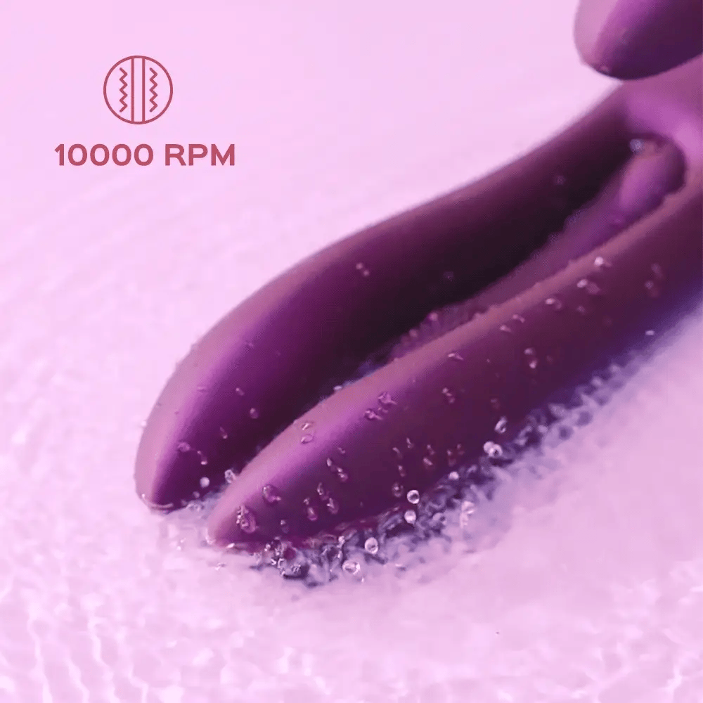 Honey Play Box Terri App-Controlled Tapping Rabbit Vibrator - close-up video of the tip of the product in water showing vibration intensity with a red icon and text that says "10,000 RPM"