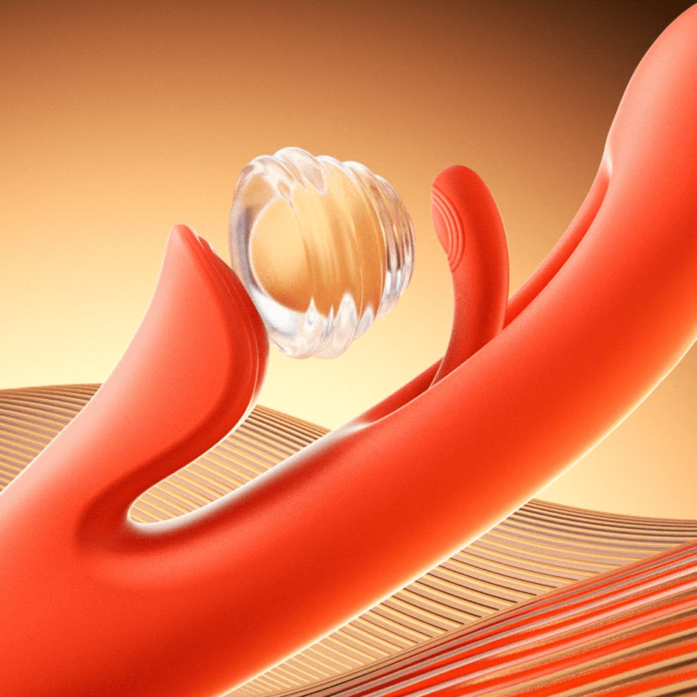 Honey Play Box Tressa App-Controlled Tapping Rabbit Vibrator: close-up rendering of tapping mechanism and teaser on an orange gradient background