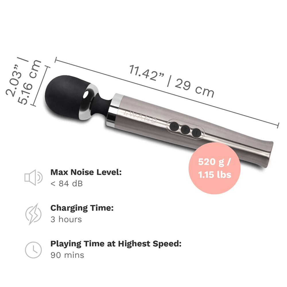 Photo of Le Wand Diecast Luxury Wand Massager on a white background with dark gray text and dimensions: 11.42 x 2.03 inches. Max noise level: under 84dB. Charging time: 3 hours. Playing time at highest speed: 90 minutes.