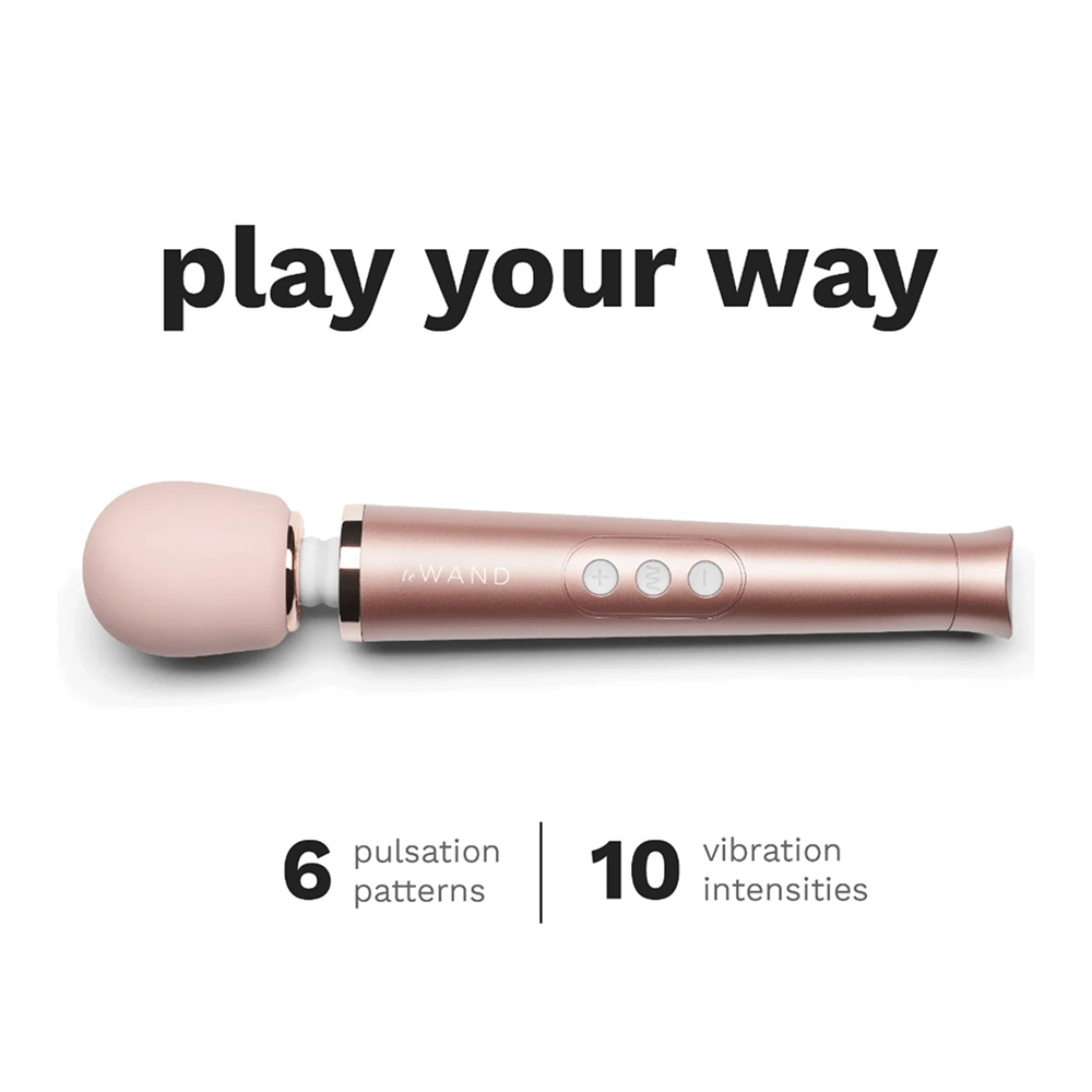 Rose gold Le Wand Petite Luxury Wand Massager on a white background with dark gray text: "Play Your Way: 6 pulsation patterns and 10 vibration intensities"