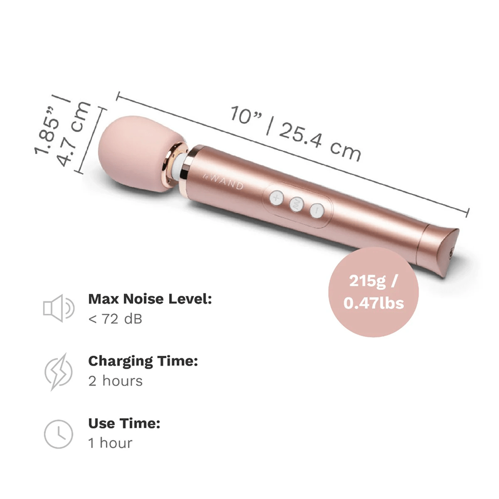 Photo of rose gold Le Wand Petite Luxury Wand Massager on a white background with dark gray text and dimensions: 10 x 1.85 inches. Max noise level: under 72dB. Charging time: 2 hours. Playing time at highest speed: 1 hour.