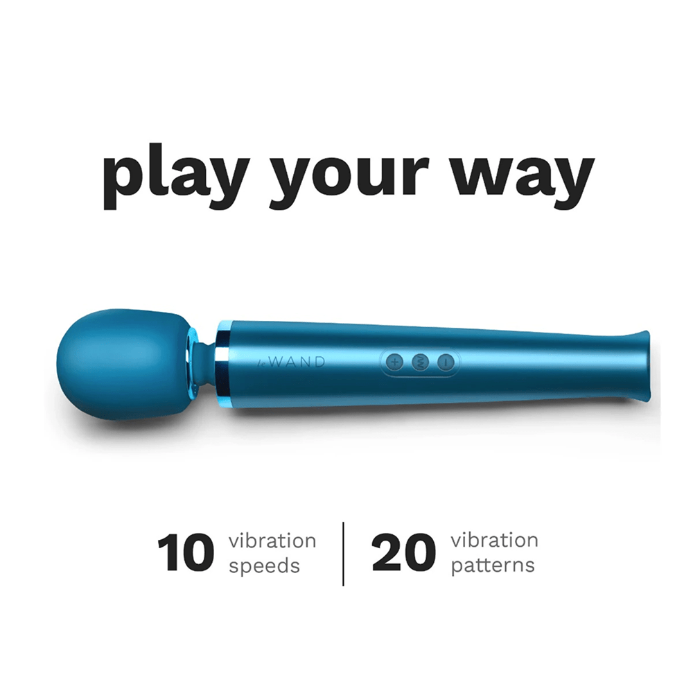 Blue Le Wand Rechargeable Luxury Wand Massager on a white background with dark gray text: "Play Your Way: 10 vibration speeds and 20 vibration patterns"