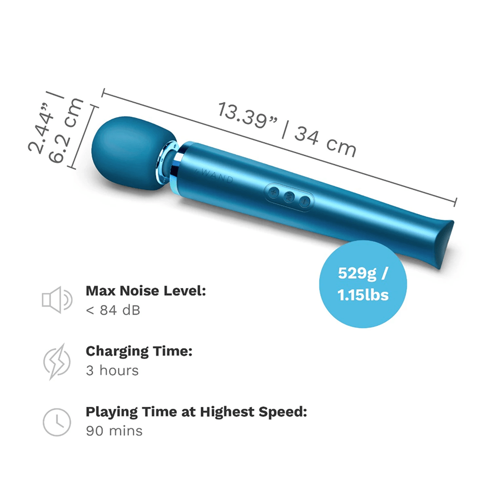 Photo of blue Le Wand Rechargeable Luxury Wand Massager on a white background with dark gray text and dimensions: 13.39 x 2.44 inches. Max noise level: under 84dB. Charging time: 3 hours. Playing time at highest speed: 90 minutes.