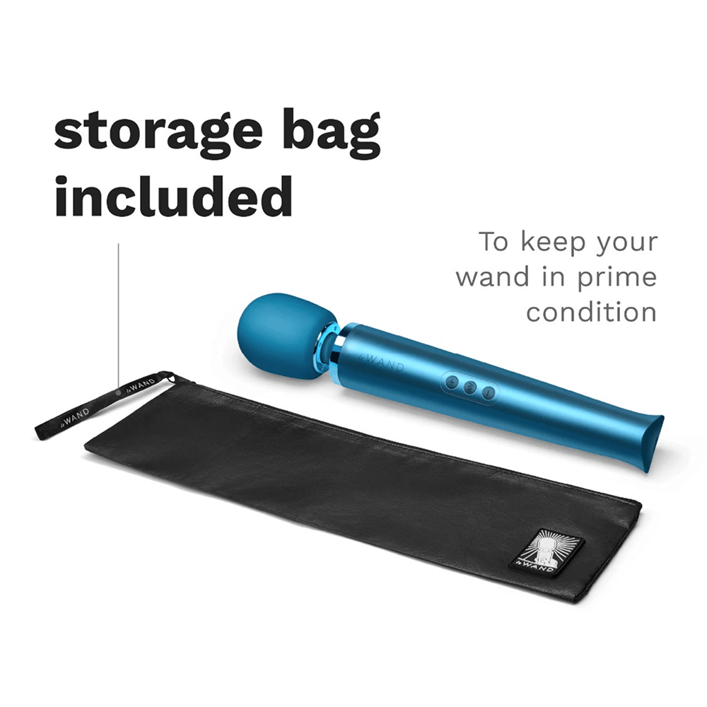 Photo of blue Le Wand Rechargeable Luxury Wand Massager on a white background with dark gray text and storage bag: "Storage bag included to keep your wand in prime condition"