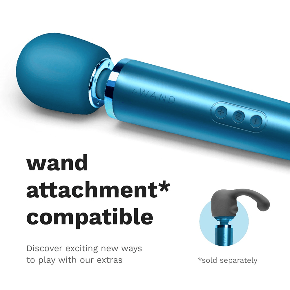 Blue Le Wand Rechargeable Luxury Wand Massager Vibrator cropped photo on a white background with dark gray text that says "Wand attachment compatible: discover exciting new ways to play with our extras (sold separately)"