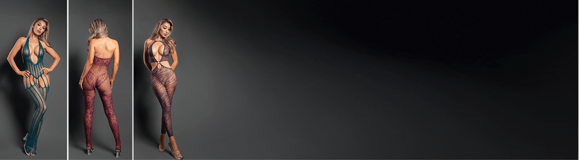 Photo of three women wearing bodystocking lingerie on a gray studio background