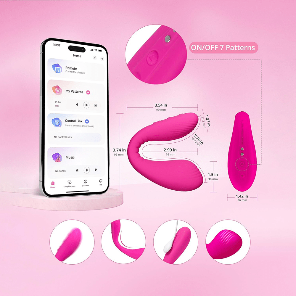 Photo of Lovense Dolce App-Connected Couples Vibrator and smartphone with product dimensions on a light pink background