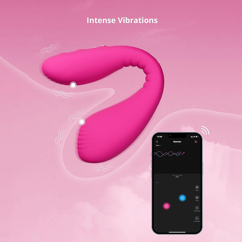 Close-up photo of Lovense Dolce App-Connected Couples Vibrator and smartphone showing Lovense app screen