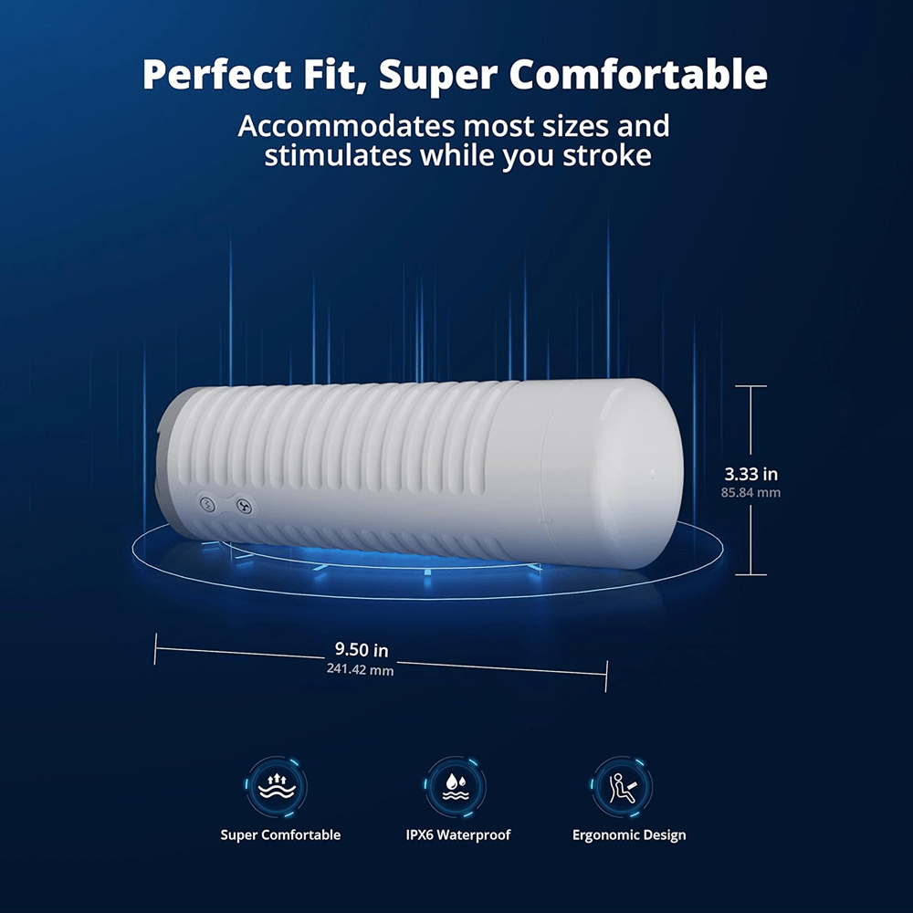 Photo of Lovense Max 2 Interactive App-Controlled Motorized Male Masturbator with dimensions and icons on a dark blue background with white text that says "Perfect fit, super comfortable: accommodates most sizes and stimulates while you stroke; super comfortable, IPX6 waterproof, ergonomic design"