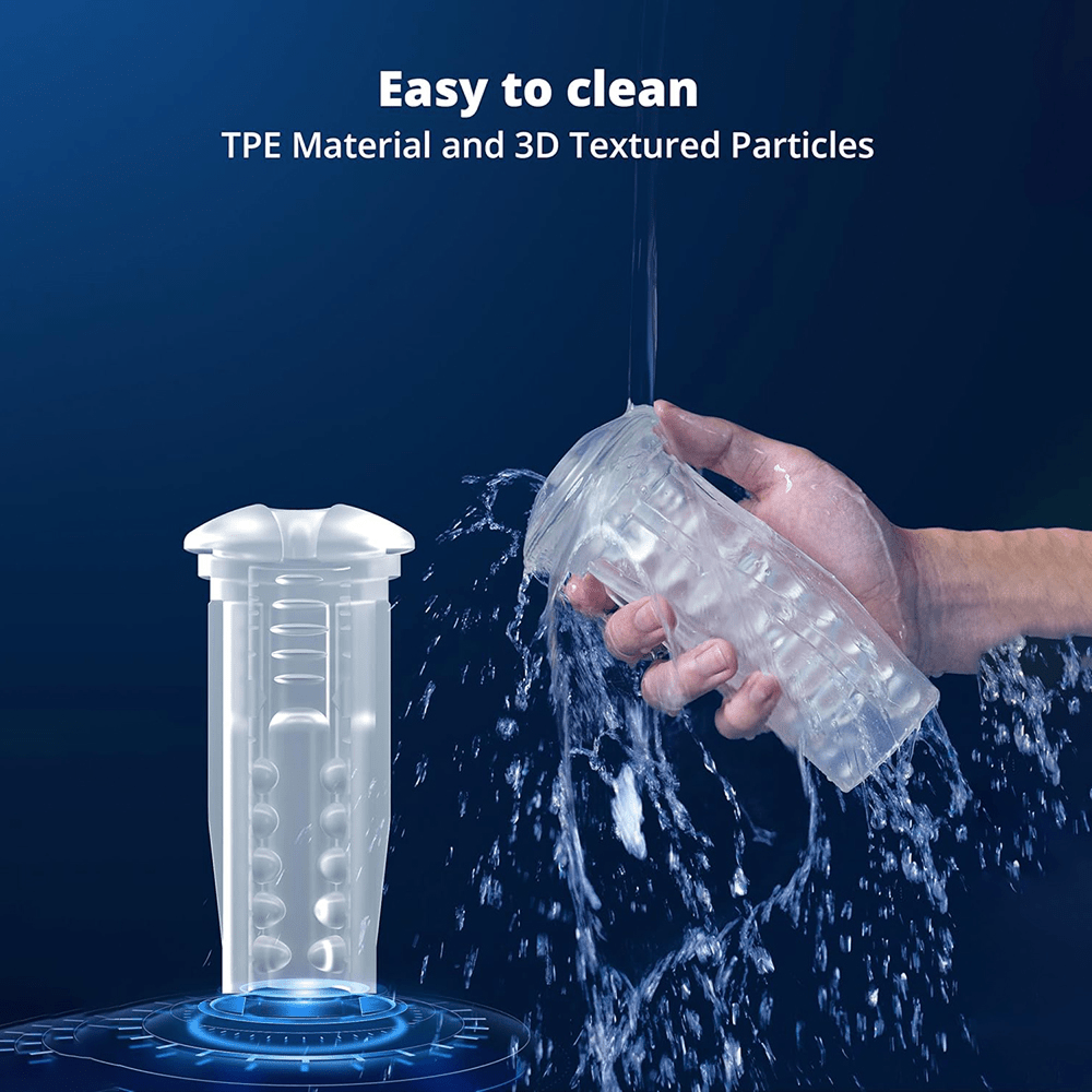 Photo of man's hand holding Lovense Max 2 removable sleeve on a dark blue background wiith white text that says "Easy to clean TPE material and 3D textured particles"