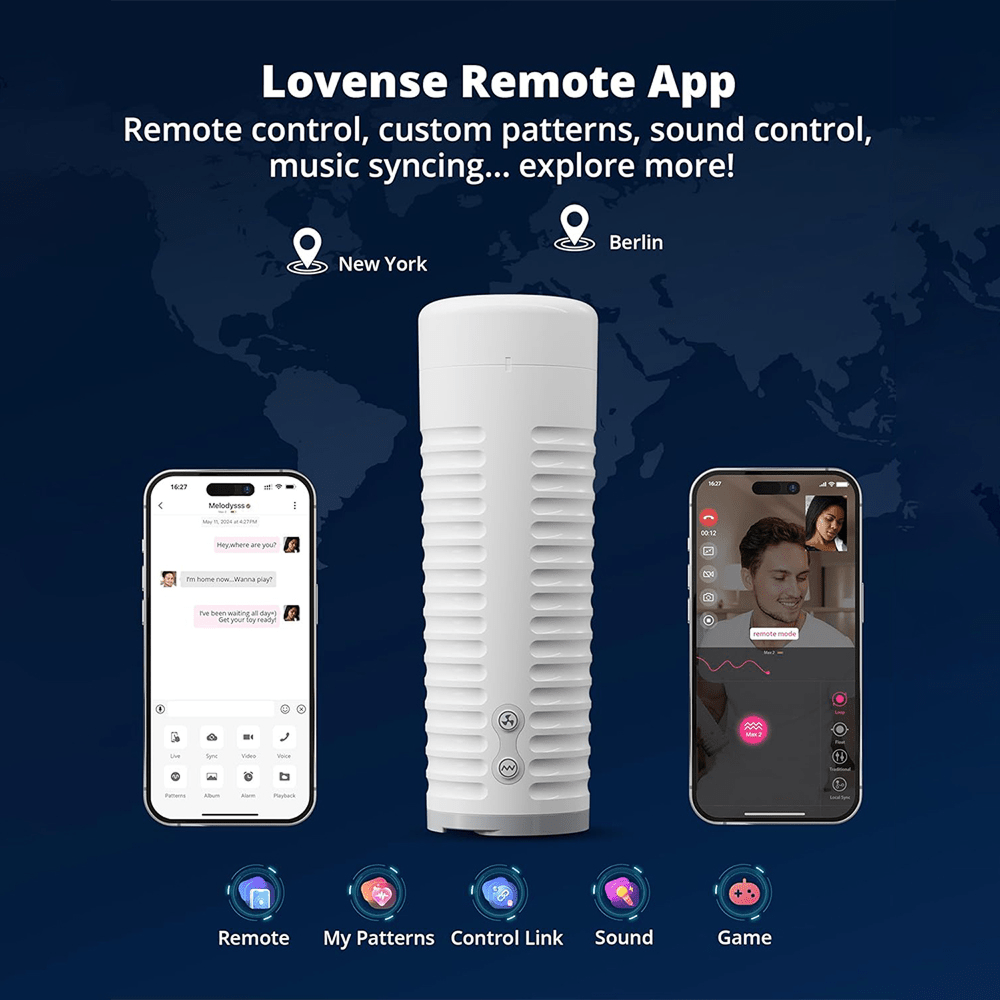 Photo of Lovense Max 2 Interactive App-Controlled Motorized Male Masturbator with smartphones showing app screens on a dark blue background with white text that says "Lovense Remote App: Remote control, custom patterns, sound control, music syncing... explore more!"