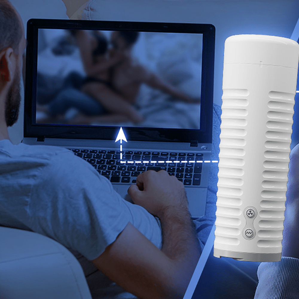 Photo of Lovense Max 2 Interactive App-Controlled Motorized Male Masturbator with photo of a man in the background looking at a laptop