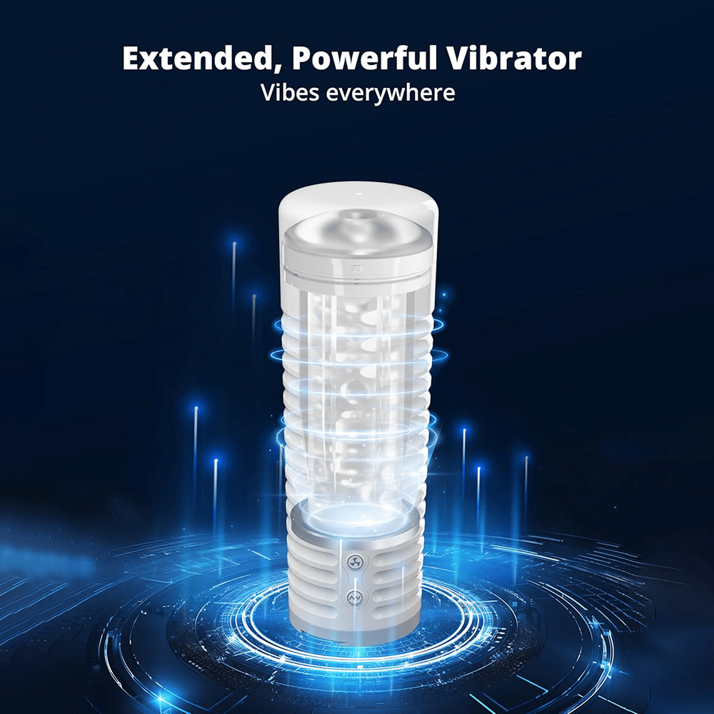 Rendering of Lovense Max 2 Interactive App-Controlled Motorized Male Masturbator cross-section showing internal structure on a dark blue background with white text that says "Extended, powerful vibrator: vibes everywhere"