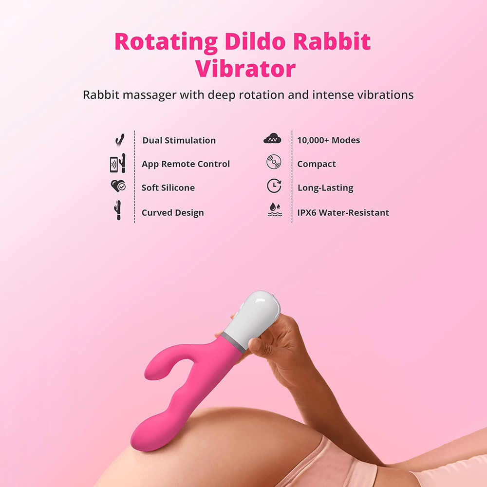 Photo of woman holding Lovense Nora App-Controlled Rabbit Vibrator and icons and text that says "Rotating Dildo Rabbit Vibrator: Rabbit massager with deep rotation and intense vibrations. Dual stimulation, app remote control, soft silicone, curved design, 10,000+ modes, compact, long-lasting, IPX6 water-resistant"