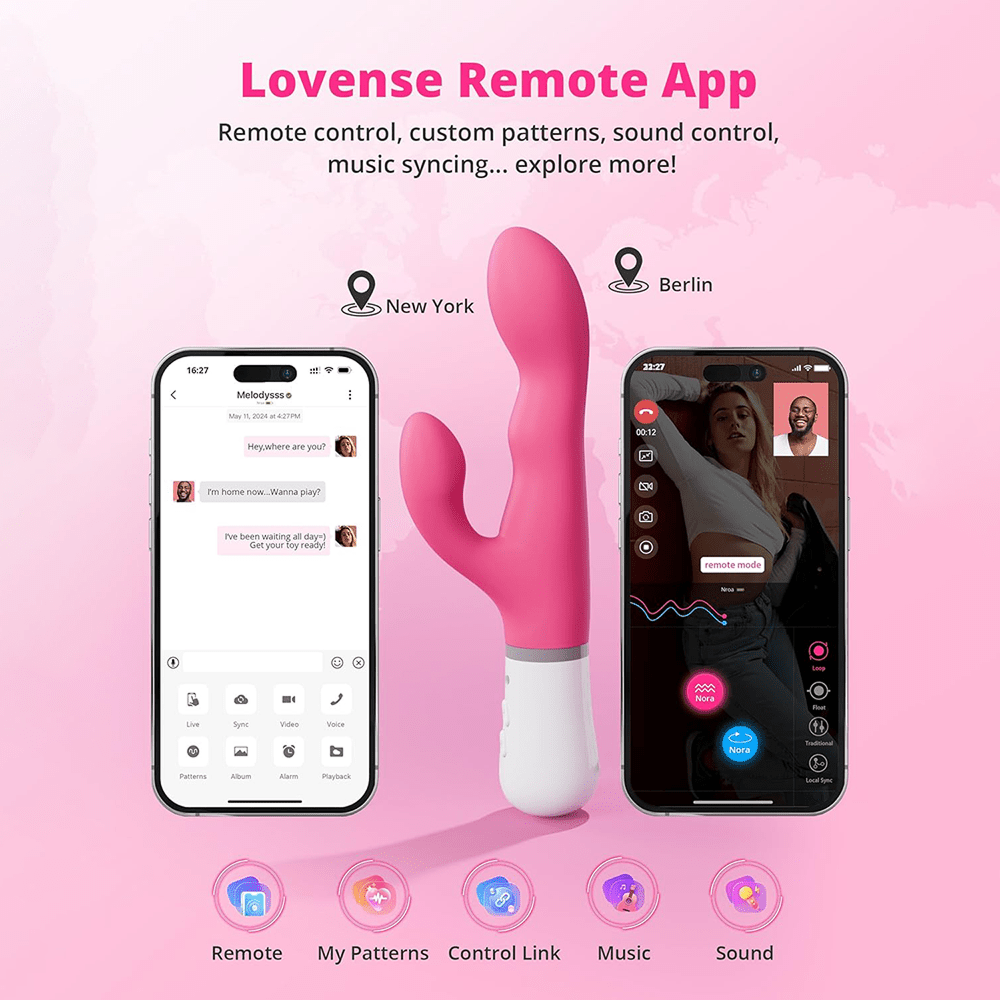 Photo of Lovense Nora App-Controlled Rabbit Vibrator and smartphones showing app screens with text that says "Lovense Remote App: Remote control, custom patterns, sound control, music syncing... explore more!"